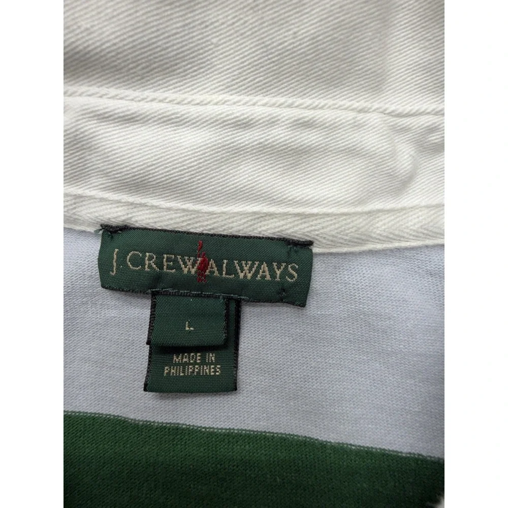 J.Crew Always Rugby Polo Shirt‎ Mens L Green White Stripe Long Sleeve Casual